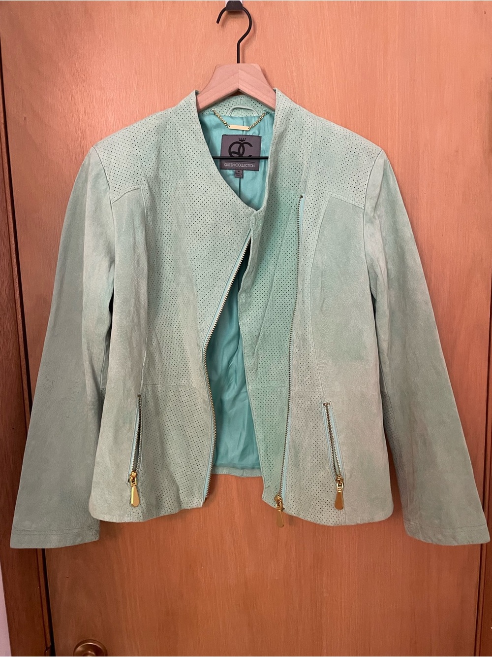 Queen Collection Perforated Mint Green Suede Leather Jacket Size M